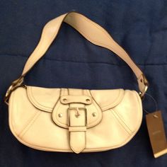 Brand New With A Slight Stain On Back As Shown. White Shoulder Bag With Buckle Closure, Elegant Tan Shoulder Bag For Spring, Elegant Tan Bag For Spring, Elegant Tan Spring Bag, White Purse, White Purses, Cambridge Satchel Company, White Bag, Satchel Bags