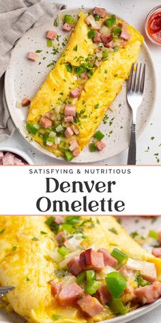 an omelette with ham, green onions and cheese is on a white plate