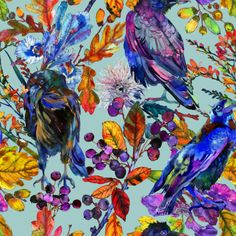 watercolor painting of birds and berries on a blue background with autumn leaves in the foreground