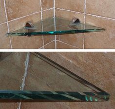 two pictures of a glass shelf on the side of a tiled wall, one with a mirror above it