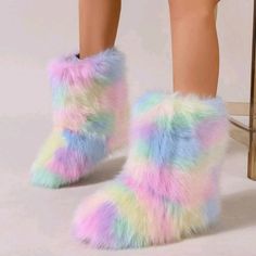 Womens Rainbow Colored Plush Snow Boots Thick Warm Faux Fur Lining Mid-Calf Boots Slip-On Upper Material:Faux Fur Lining Material: Fabric Insole Material: Polyester Outsole Material: Rubber Boots Thick, Fashion Footwear, Fur Boots, Calf Boots, Mid Calf Boots, Platform Shoes, Christmas List, Snow Boots, Mid Calf