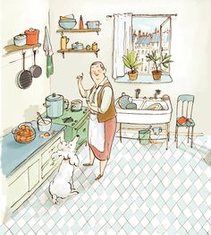 an old woman is cooking in the kitchen with her dog on the floor next to it