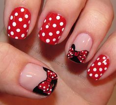 Pretty As A Princess: Disney Nail Art Ideas.  Minnie Mouse  Minnie Mouse French and Polka Dots Nail Art. Click here for tutorial. Disney Nail Art, Minnie Mouse Nails, Polka Dot Nail Art, Bow Nail Art, Unghie Nail Art, Nails Yellow, Dot Nail Art, Valentine Nails, Nail Art Disney