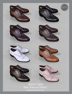 many different types of men's shoes in various colors and sizes, with the names becky - sims park avenue oxford