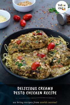 the cover of delicious creamy pesto chicken recipe, with tomatoes and other ingredients around it