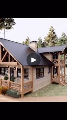 a small wooden house with a black roof