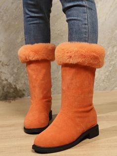 Women's Classic Exclusive Design Fleece-Lined Comfortable Lightweight Soft Fashionable Orange Mid-Calf Boots Orange         Women Shoes, size features are:Bust: ,Length: ,Sleeve Length: Casual Suede Mid-calf Winter Boots, Fall Boots With Faux Fur Lining, Warm Round Toe Boots For Fall, Casual Orange Winter Boots, Orange Winter Boots With Round Toe, Orange Boots, Insulated Boots, Warm Boots, Slim Fit Top