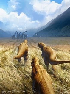 an artist's rendering of dinosaurs walking through tall grass