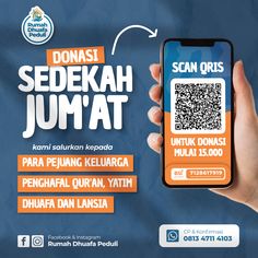 a person holding up a phone with a qr code on the screen and an ad for sedakah jumtat