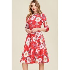 Floral 3/4 Sleeve Ribbon Dress Woven Dress Featuring Floral Print, Boat Neck, 3/4 Sleeve, Waist Tie, Ribbon, A Line, Flare, Side Pockets, Midi, Knee Length, Zipper, Fitted, Relaxed, Soft And Snug Material. Cotton Spandex Hand Wash Recommended Model Is 5'10" Tall And Wearing Size S 32a" Bust, 25" Waist And 35" Hips Fabric Content97% Cotton 3% Spandex-Basically No Stretch To The Material As It's Almost All Cotton Olive Green Shirt Dress, Scoop Neck Midi Dress, Green Shirt Dress, Tie Ribbon, Flowy Midi Dress, Floral Pattern Dress, Short Bodycon Dress, Ribbon Dress, White Bodycon