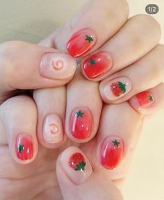 Fruit Nails Aesthetic, Fruit Nails Short, Fruits Nails, Strawberry Nail Art, Strawberry Nail, Strawberry Nails, Pretty Gel Nails, Kawaii Nails