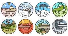 six different badges with the names of cities