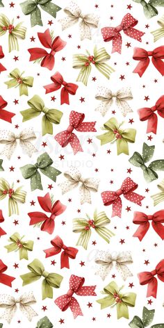 a white background with red and green bows