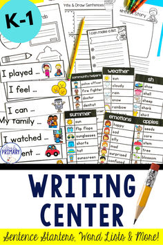 the writing center is filled with words and pictures to help students learn how to write