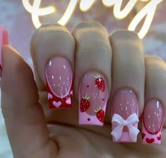 College Nails, Strawberry Nails, Berry Nails, Nail Picking, Fake Nails Designs, Cute Simple Nails, Girly Acrylic Nails, Casual Nails, Hello Kitty Nails