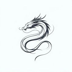 a black and white drawing of a dragon on a white background, with the tail curled up