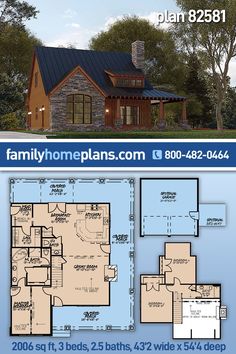 two story house plan with 3 bedroom and 2 bathroom in the front, an open floor plan