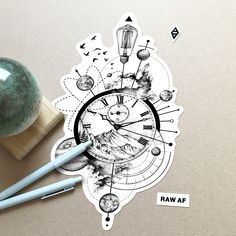 a drawing of a clock on top of a table next to some pens and a ball