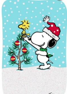 a charlie brown christmas card with a cartoon character holding a star on top of a tree