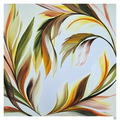 an abstract painting of leaves blowing in the wind