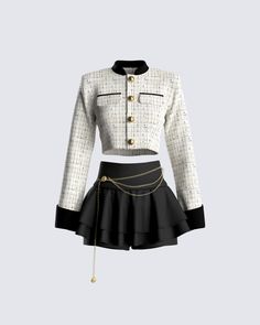 Prove that anything they can do, you can do better 😌 Prepped, and primed to perfection - this ivory tweed cropped jacket, and chained black mini skirt set has the ability to transform you into the polished icon of your dreams 🤎 Tweed Cropped Jacket, Preformance Outfits, Rock Outfit, Do Better, Mode Inspo, Kpop Fashion Outfits, Really Cute Outfits, Fancy Outfits, Cropped Jacket