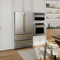 a modern kitchen with stainless steel appliances and white cabinets, along with wooden flooring