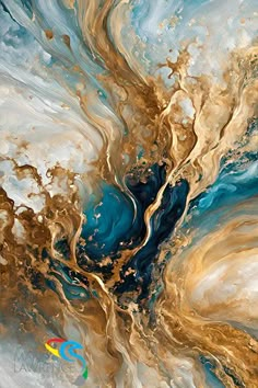 an abstract painting with gold, blue and white swirls on the bottom half of it