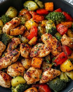 a skillet filled with chicken, vegetables and broccoli