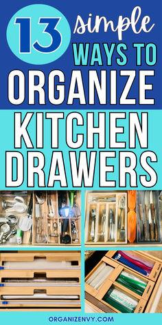 Collage of photos showing organized kitchen drawers Kitchen Utility Drawer Organization, Cutlery Organization, Deep Kitchen Drawer Organization, Kitchen Drawer Organization Utensils, Drawer Organization Kitchen, Organize Kitchen Utensils, Kitchen Drawer Organization Ideas, Small Kitchen Cupboards, Drawer Organization Ideas