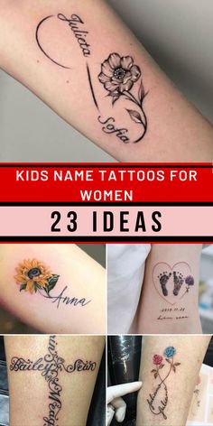 tattoos for women with flowers and names on their arms are shown in this collage