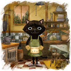 a painting of a black cat standing in a kitchen