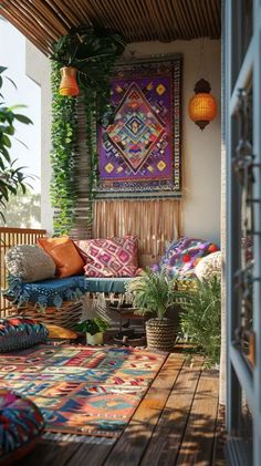 an outdoor area with lots of pillows and rugs