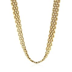 Exuding dramatic elegance this necklace features panther chain link in multiple rows and lovely shiny finish. Designed in 14k yellow gold, this measures 17 inches and comes with a box clasp. Necklace Information Width 0.26 inches Chain Type Link Clasp Type Box Clasp Approximate Weight 24.2 gram(s) Available Sizes 17 Metal 14K Yellow Gold " Yellow Gold Multi-strand Necklaces For Formal Occasions, Elegant Double Strand Curb Chain Jewelry, Elegant Multi-strand Chain Necklace With Box Chain, Elegant Multi-strand Box Chain Necklace, Gold Double Strand Chain Necklace For Formal Occasions, Gold Double Strand Box Chain Necklace, Formal Yellow Gold Multi-strand Jewelry, Formal Multi-strand Yellow Gold Jewelry, Luxury Multi-strand Chain Necklace For Formal Occasions