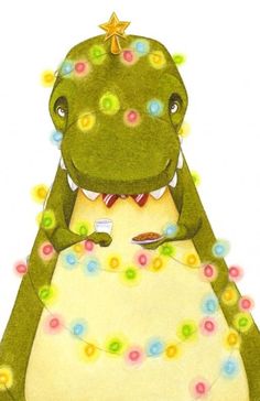 a drawing of a green dinosaur sitting on top of a table with confetti around it's neck