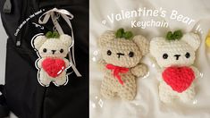 two crocheted teddy bears with hearts hanging from their backs, one is holding a banana and the other has a keychain that says valentine's bear