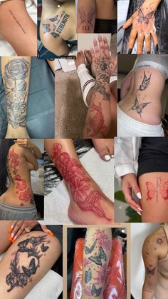 many different images of tattoos on the legs and arms, all with words written in them