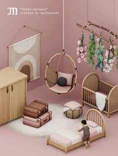 a baby's room with pink walls and furniture, including a hammock