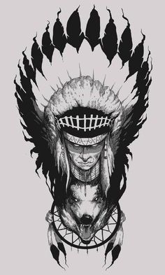 Native American indian chief / wolf / feather dream catcher drawing Fenrir Tattoo, Rabe Tattoo, Indian Tattoo Design, Native American Tattoo, Native American Tattoos, Native Tattoos, 42 Tattoo, Tato Lengan, Theme Tattoo