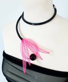 Statement necklace Pink necklace and bracelet Bib necklace | Etsy Elegant Plastic Jewelry For Parties, Modern Black Party Choker, Adjustable Modern Necklaces For Party, Modern Adjustable Necklace For Party, Handmade Black Plastic Jewelry, Pink Plastic Party Necklace, Asymmetrical Jewelry, Black Cuff Bracelet, Upcycled Accessories