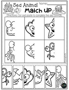 sea animal match up worksheet for kids to learn how to draw and color