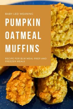 pumpkin oatmeal muffins on a blue plate with text overlay