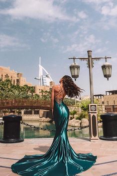 Pascala - Emerald Satin Gown with Plunge Neck & Lace Up Back Mermaid Dress Poses, Dress Poses, Alamour The Label, Satin Gowns, Emerald Dresses, Dress Display, Shiny Fabric, Teal Dress, Mermaid Silhouette