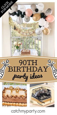 an image of a birthday party with balloons and cake on the table for someone's 90th birthday party