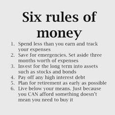 the six rules of money is shown in black and white, with text on it