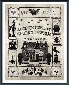 a cross stitch sample with the words and numbers for halloween written in black on it