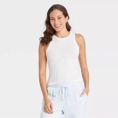 Women's Slim Fit Ribbed High Neck Tank Top - A New Day™ White M : Target Target Tank Top, Rib Knit Top, Best Tank Tops, High Neck Tank Top, High Neck Tank, Ribbed Tank Top, Ribbed Knit Top, Ribbed Tank Tops, Wardrobe Basics