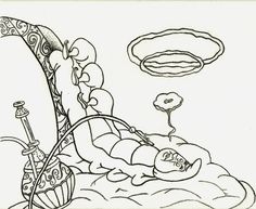 a black and white drawing of a man laying on top of a cloud next to a kite