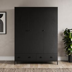 a black armoire next to a potted plant