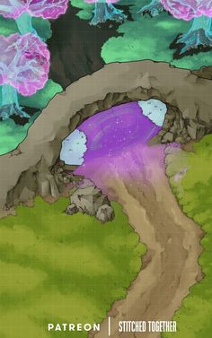 an illustration of a purple substance coming out of a hole in the ground with trees