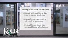 an advertisement for sliding patio door automation is posted on the glass doors in this building